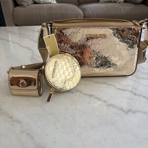 Michael Kors Metallic Gold Jet Set Crossbody Bag with Coin Pouch and Mini Case